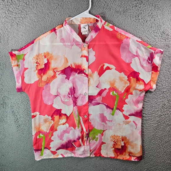 Natori Pajama Top Women Small Button Up Floral Abstract Print Pink Punch White - Picture 1 of 8